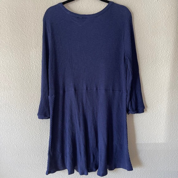 Ribbed Babydoll Tunic Faux Button Front Navy Blue Casual Dress Womens Medium - Picture 2 of 7
